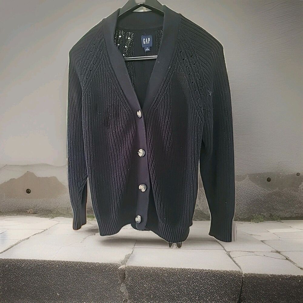 Gap Womens Black Knit Cardigan Size Medium Button Front 100% Cotton Preppy Work